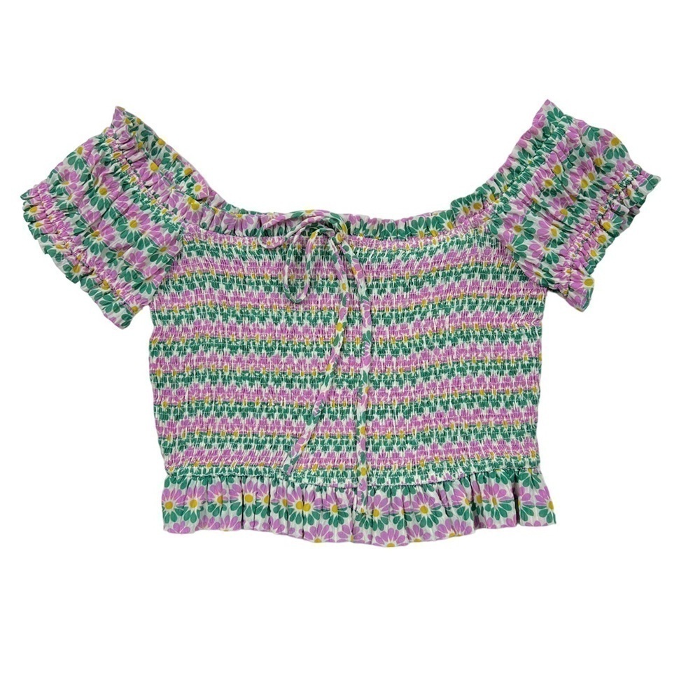 Zara Pink Green Printed Short Sleeve Stretch Smocked Cropped Top